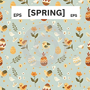 Cheerful Spring Pattern with Birds, Flowers, and Easter Eggs