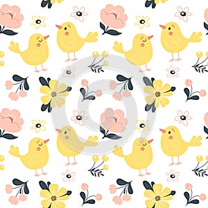 Seamless spring pattern with cute birds and flowers. Vector illustration in flat style.