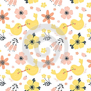 Seamless spring pattern with cute birds and flowers. Vector illustration in flat style.