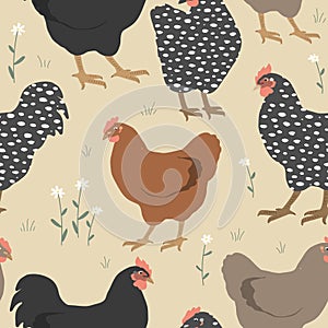 Seamless spring pattern with cute chickens and flowers. Vector graphic illustration.