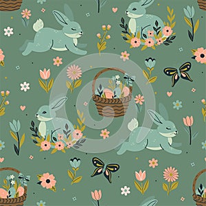 Seamless spring pattern with Easter bunnies, baskets with eggs, flowers. Vector graphics