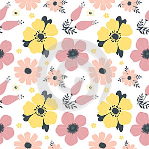 Seamless spring pattern with flowers. Vector illustration.