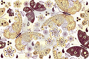 Seamless spring pattern with golden butterflies and flowers