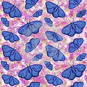 Seamless spring pattern with handmade blue moths embroidered with beads flying over pink blossom, fabric design, wrapping paper