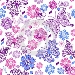 Seamless spring pattern with lace colorful  butterflies