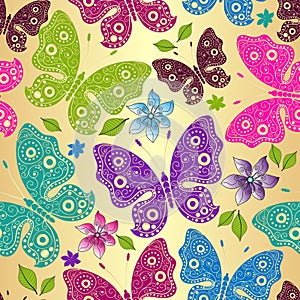 Seamless spring pattern with lace colorful  butterflies