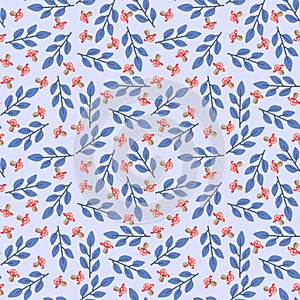 Seamless spring pattern with leaf and flower on a blue background for decoration