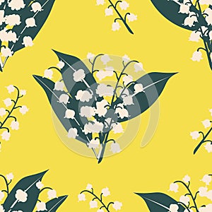 Seamless spring pattern with lilies of the valley on a yellow background.