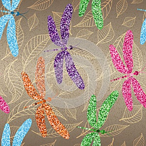 Seamless spring pattern with mosaic multi-colored dragonflies on a gradient background