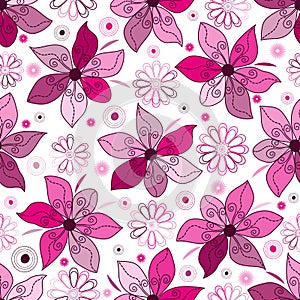 Seamless spring pattern with single pink doodle flowers