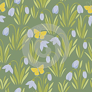 Seamless spring pattern with snowdrop flowers and butterflies. Vector graphics