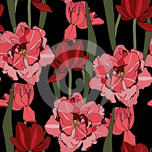 Seamless spring pattern with stylized cute red flowers, tulips.