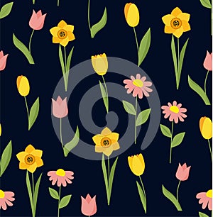 Seamless spring pattern with tulips and daffodils