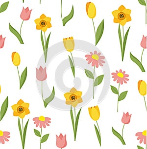 Seamless spring pattern with tulips and daffodils