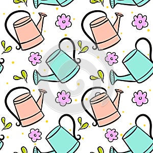 Seamless spring pattern with watering and flowers