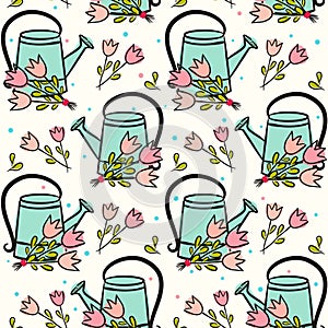 Seamless spring pattern with watering and tulips