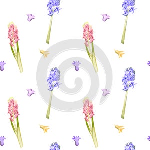 Seamless spring pattern on a white hyacinth background