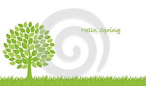 Seamless springtime vector illustration with a tree, grassy field, and text space.