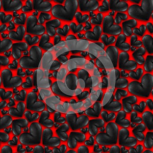 Seamless square background of black hearts on a red background. Love symbol. Festive background for Valentine's Day