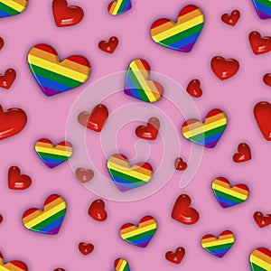 Seamless square background of rainbow hearts on a pinkbackground. Symbol of LGBT people, freedom of the sexes, equality