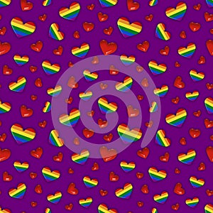 Seamless square background of rainbow hearts on a purple background. Symbol of LGBT people, freedom of the sexes