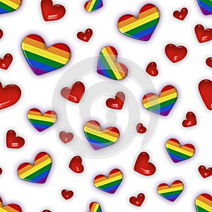 Seamless square background of rainbow hearts on a white background. Symbol of LGBT people, freedom of the sexes
