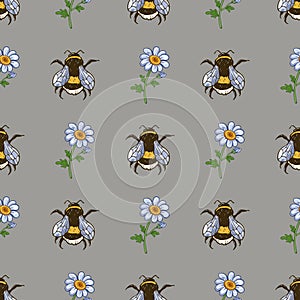 Seamless square pattern with bees and daisies.