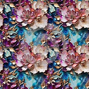 Seamless Square Tile, 4 Combined for Visual Display, Thick Paint Floral Style, Nature, Multi Colored, Unique Pattern Design