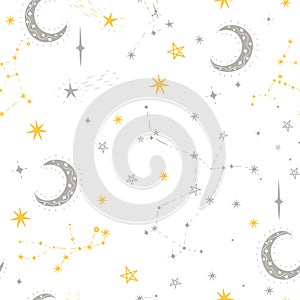 Seamless star pattern with moon and constellations. Vector graphics