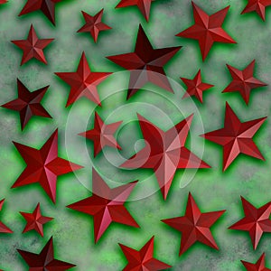 Seamless star pattern, red star on a green background. 3D render, illustration. Festive abstract concept. New year, christmas,