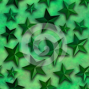 Seamless star pattern, star on a green background. 3D render, illustration. Festive abstract concept. New year, christmas,