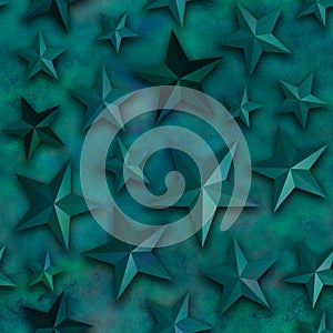 Seamless star pattern, star on a green background. 3D render, illustration. Festive abstract concept. New year, christmas,