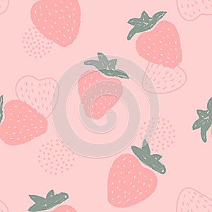Seamless strawberry pattern on pink background. Vector dotted background.