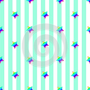 Seamless stripe pattern abstract vector background retro design light blue vertical green lines ornamented rainbow colored stars