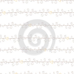 Seamless stripe pattern with hand drawn swirls and hearts