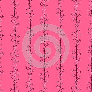 Seamless stripe pattern with hand drawn swirls and hearts