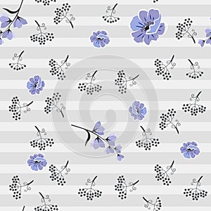 Seamless striped pattern with black silhouette of umbrella flowers and blue poppies and bell flowers. Vector illustration.