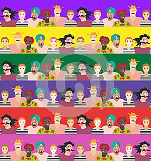 Seamless striped pattern with men and women of different ages, races and nationalities.