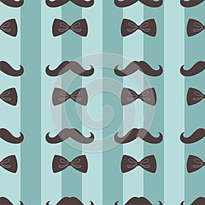 Seamless striped pattern with mustaches and bow ties. Vector graphics
