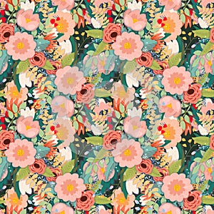 Seamless stylized decorative pattern with colorful flowers and leaves on a dark background