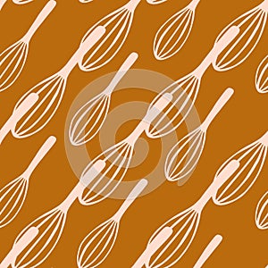 Seamless stylized kitchen tool pattern with corolla simple figures. Light pastel tones cooking ornament on dark orange background