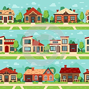 Seamless suburban houses. Panoramic cityscape with house exterior, buildings and town road flat vector background set photo