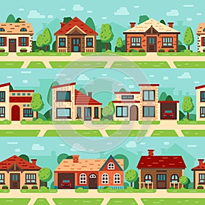 Seamless suburban houses. Panoramic cityscape with house exterior, buildings and town road flat vector background set