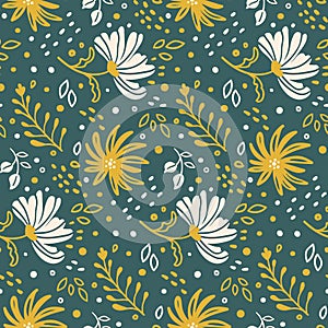 seamless summe pattern with wild and meadow flowers on green background