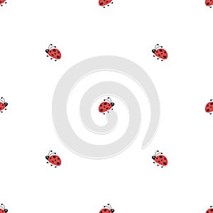 Seamless summer background. Flying and creeping flat red Ladybugs pattern on white background.