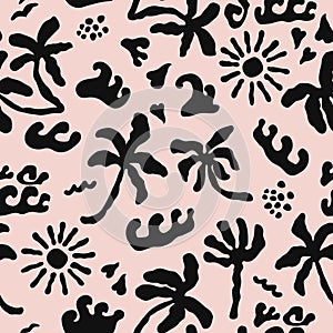 Seamless summer background with hand drawn palms, waves, sun and tropical abstract shapes. Holiday monochrome pattern. Vector