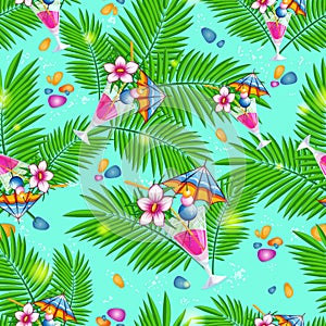 Seamless summer beach pattern with palm leaves and cocktails