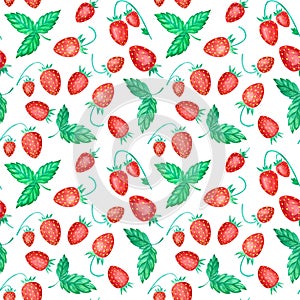 Seamless summer berries pattern with ripe mature red strawberries and green leaves on white background.