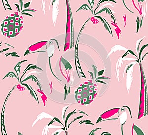 Seamless Summer Design, Tropical Palm Tree, Parrot and Hibiscus Pattern Ready for Textile Prints.