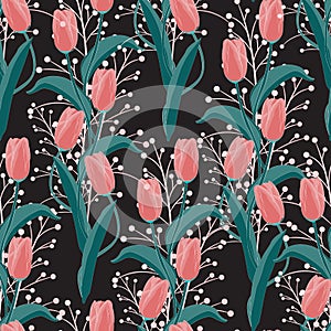 Seamless summer flora pattern with Blooming garden flowers, orange tulip